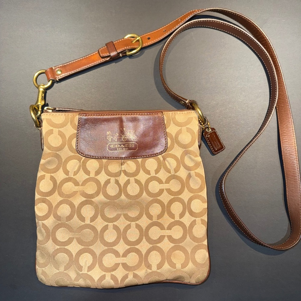 Coach‎ 41992 Op Art Signature Crossbody Messenger Bag Khaki Brown Leather
